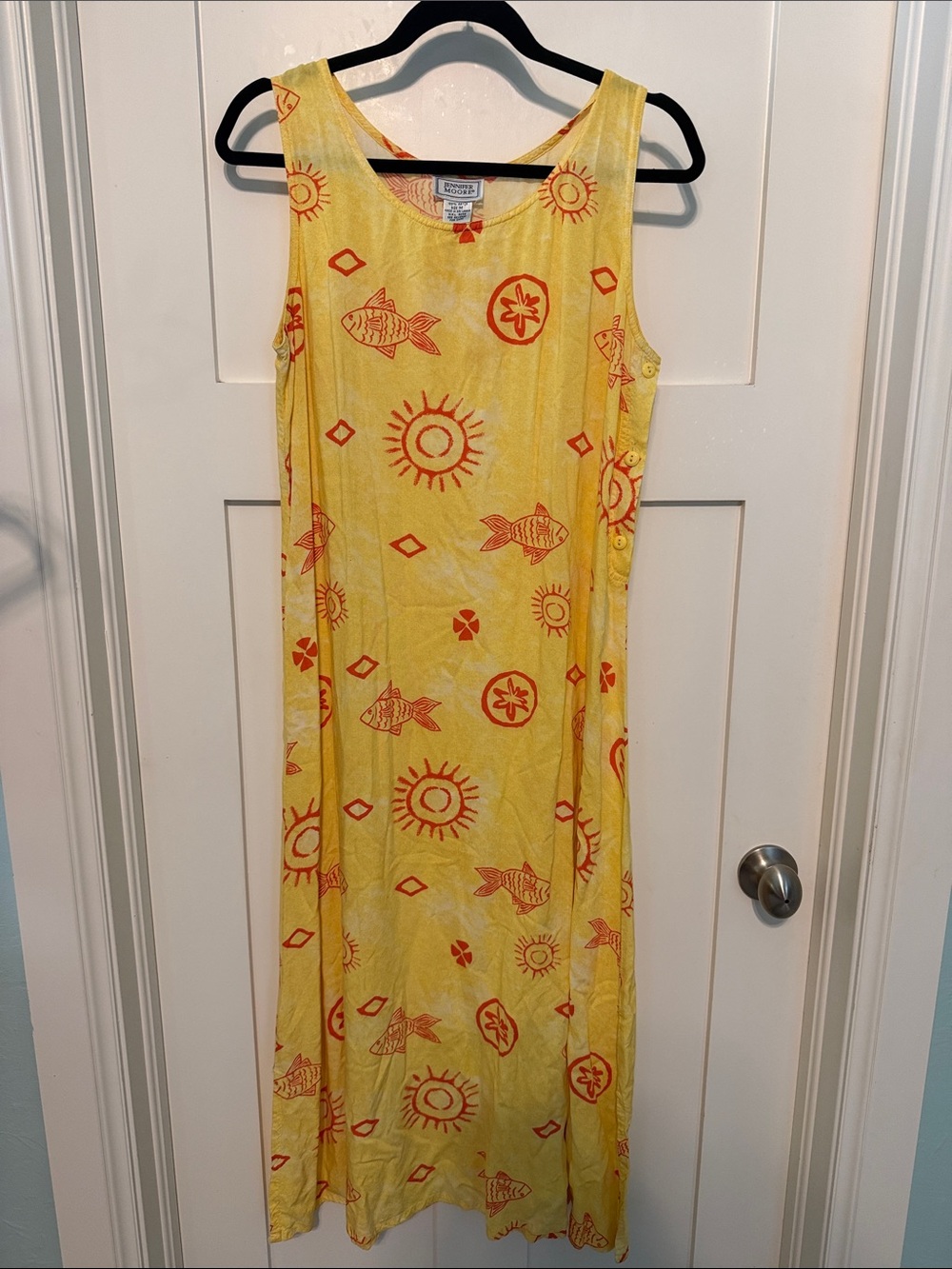 Jennifer Moore Vintage 90s Yellow Dress with Coral Fish Sun Motif Resortwear - Picture 1 of 10